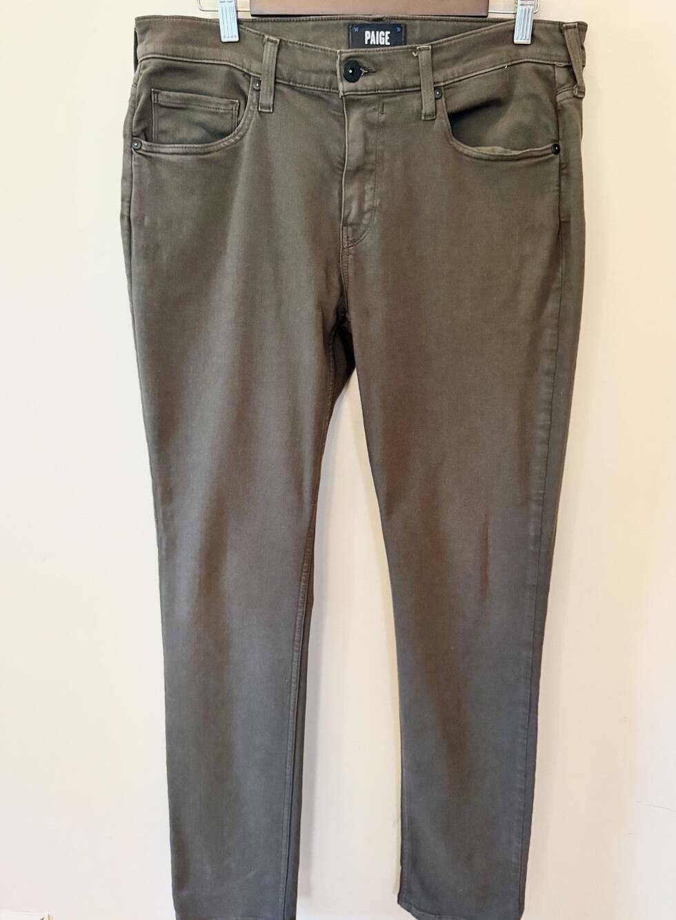 PAIGE Federal Mens Jeans 32 Olive Taupe Stretch Slim Straight 34 Inseam